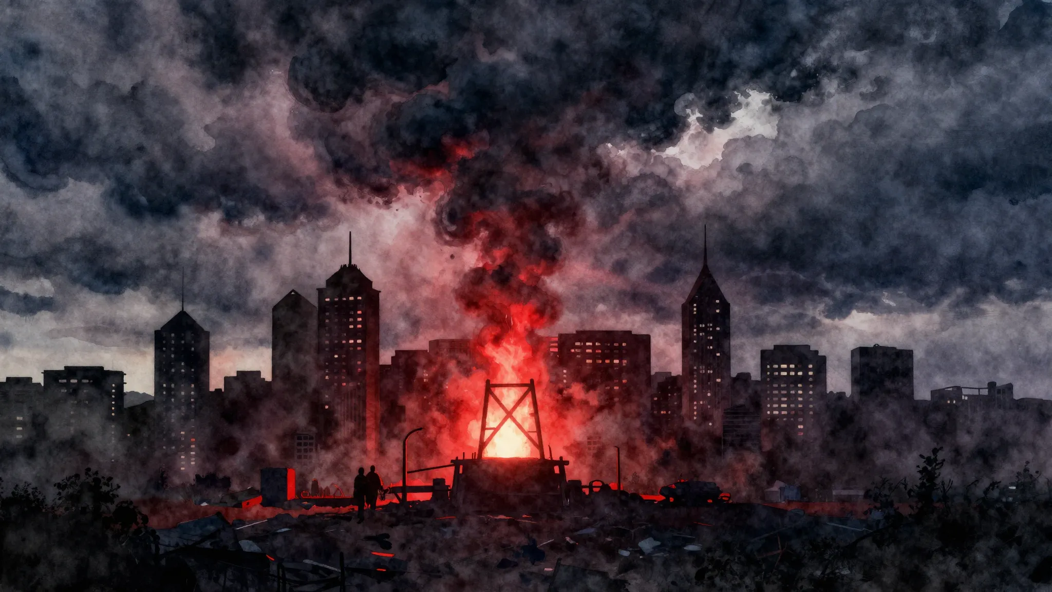 Watercolor style. Dark silhouette of a city skyline against ...