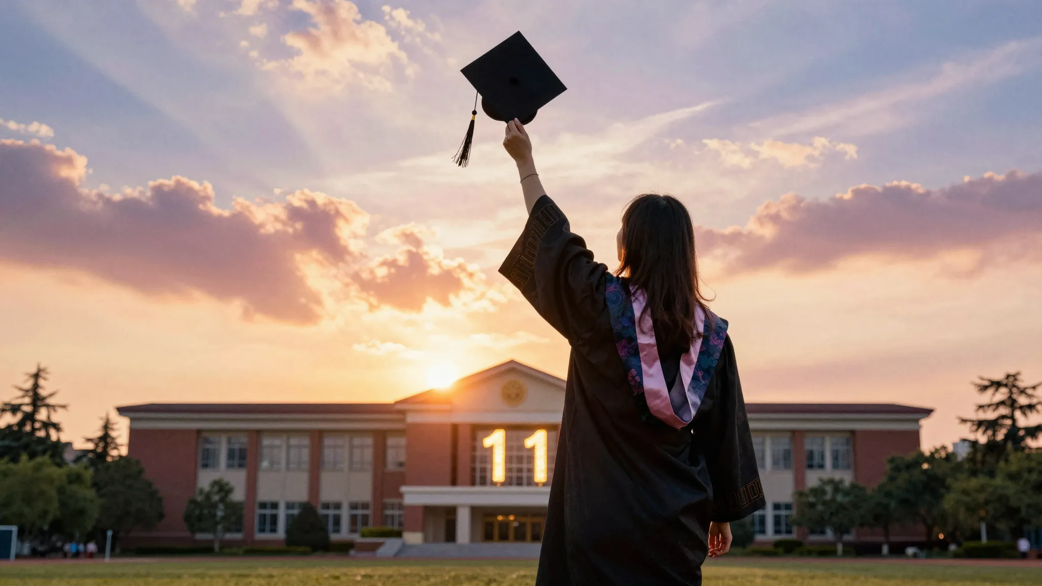 Watercolor style. Silhouette of a graduate throwing a cap ag...