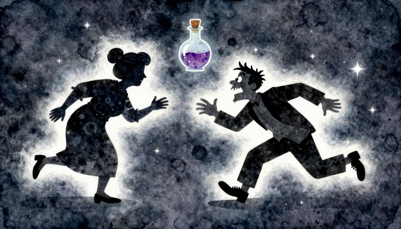 Watercolor style. Silhouette of an old woman and a crazy man...