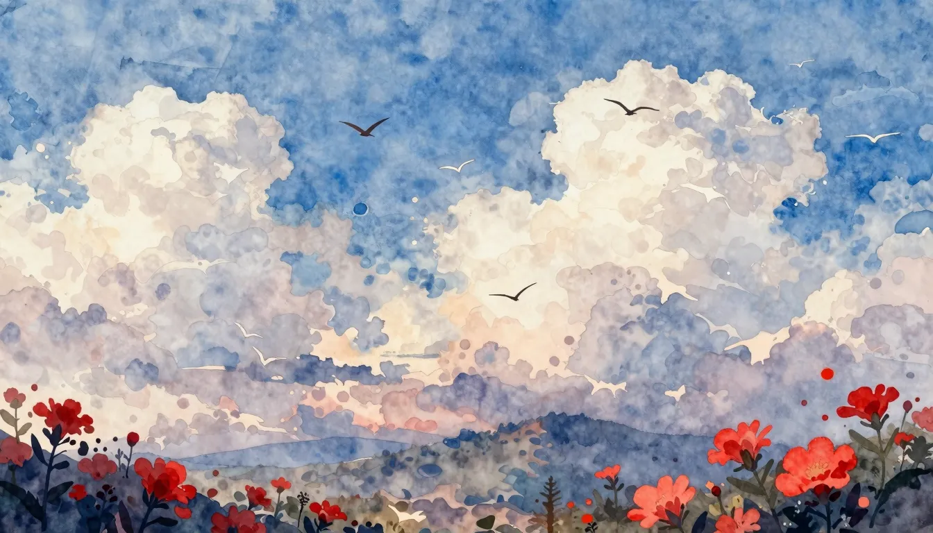 Watercolor style. Abstract landscape with white clouds, blue...