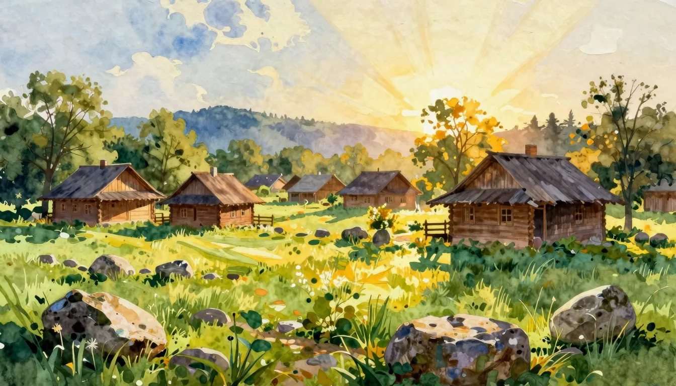 Vibrant watercolor style. A picturesque sunlit village lands...