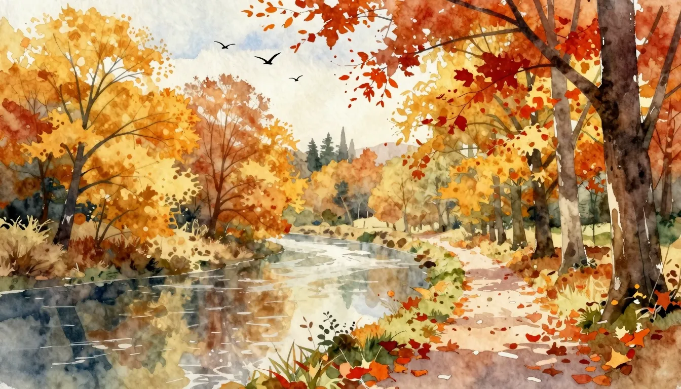 Watercolor style. A serene autumn landscape with golden and ...