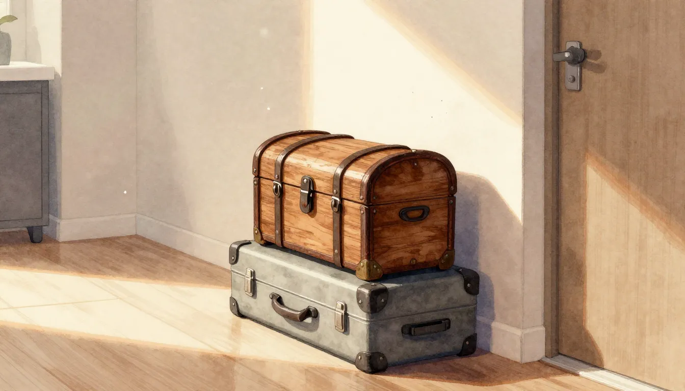Watercolor style. A small, old wooden chest with iron straps...