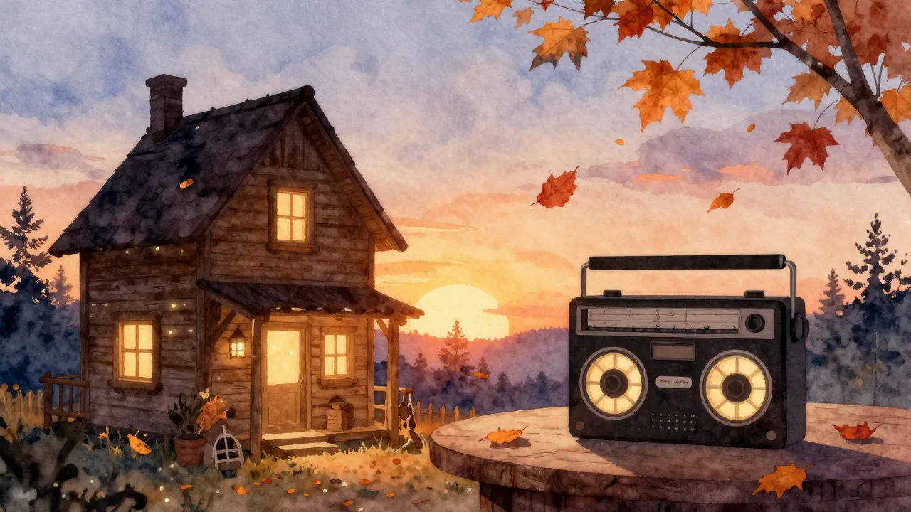 Watercolor style. A cozy wooden house silhouette at sunset, ...