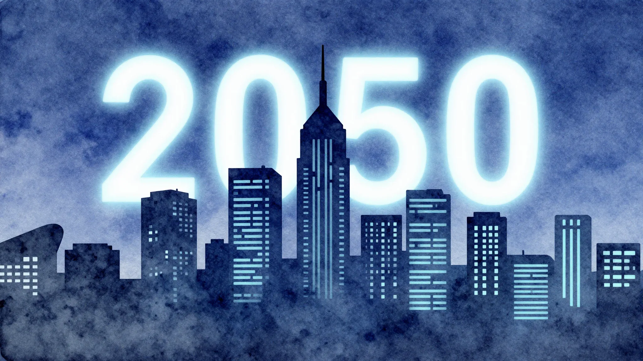 Watercolor style. Futuristic city skyline silhouette, glowin...