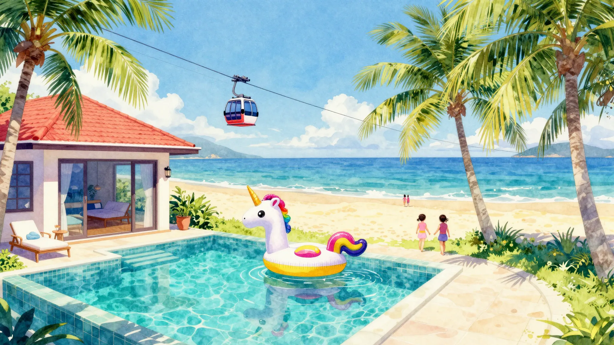 Vibrant watercolor style. A vibrant tropical vacation scene ...