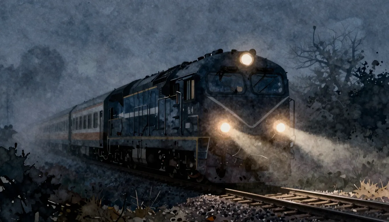 Watercolor style. A dark silhouette of a train moving throug...