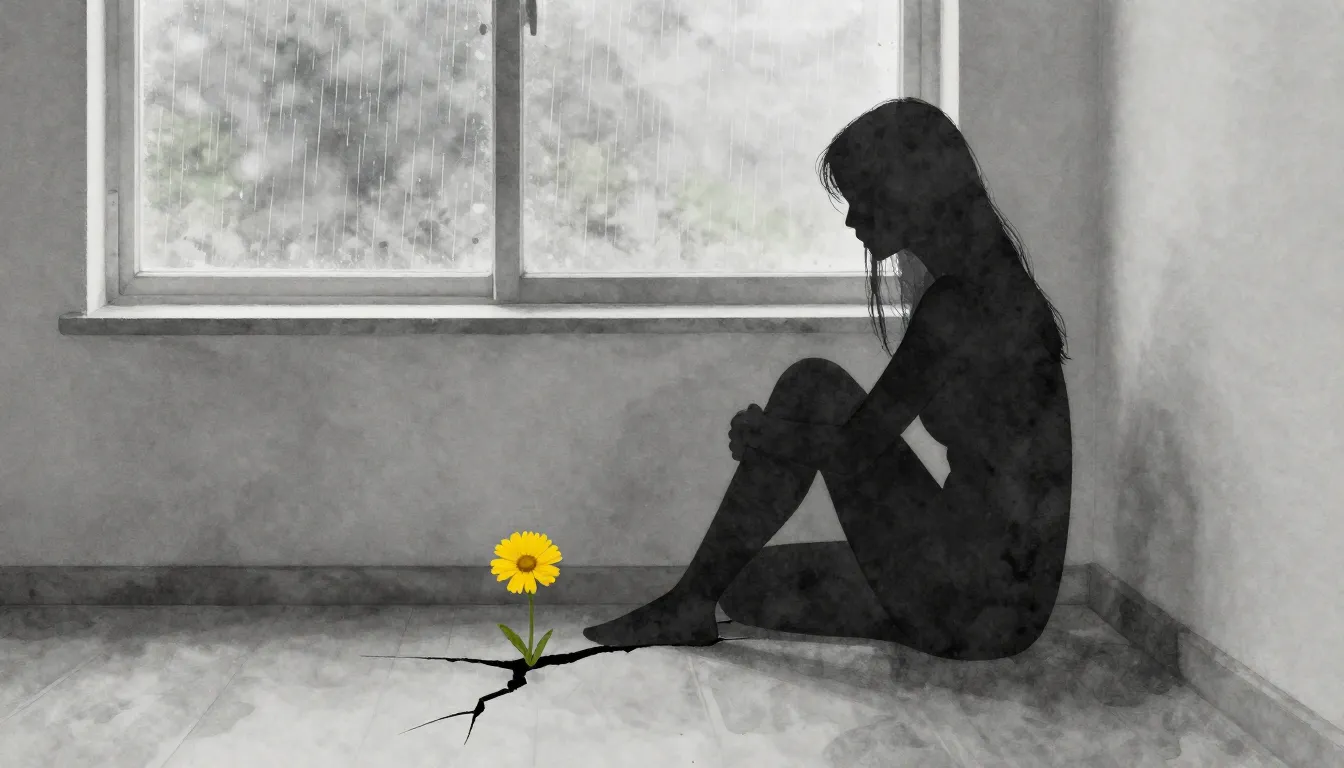 Watercolor style. A lonely silhouette of a woman sitting by ...