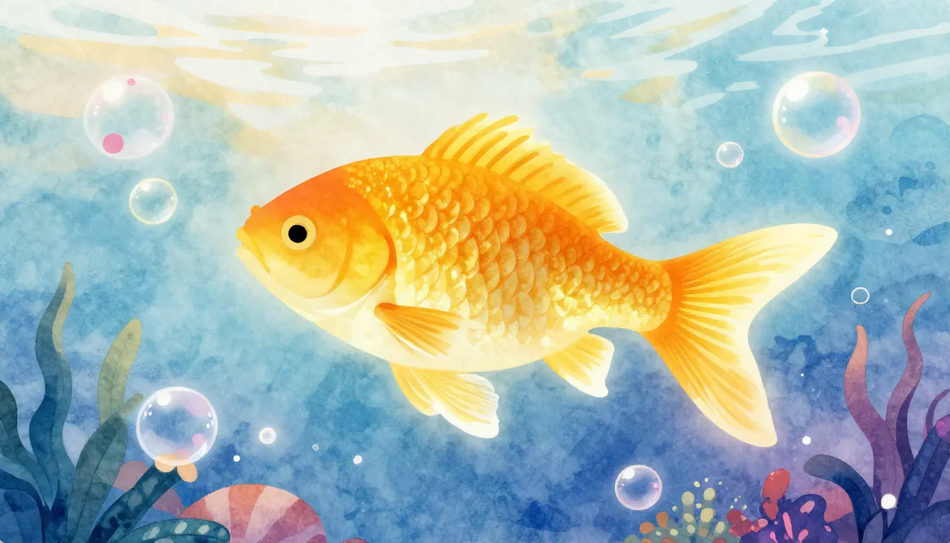Watercolor style. Silhouette of a golden fish swimming in a ...