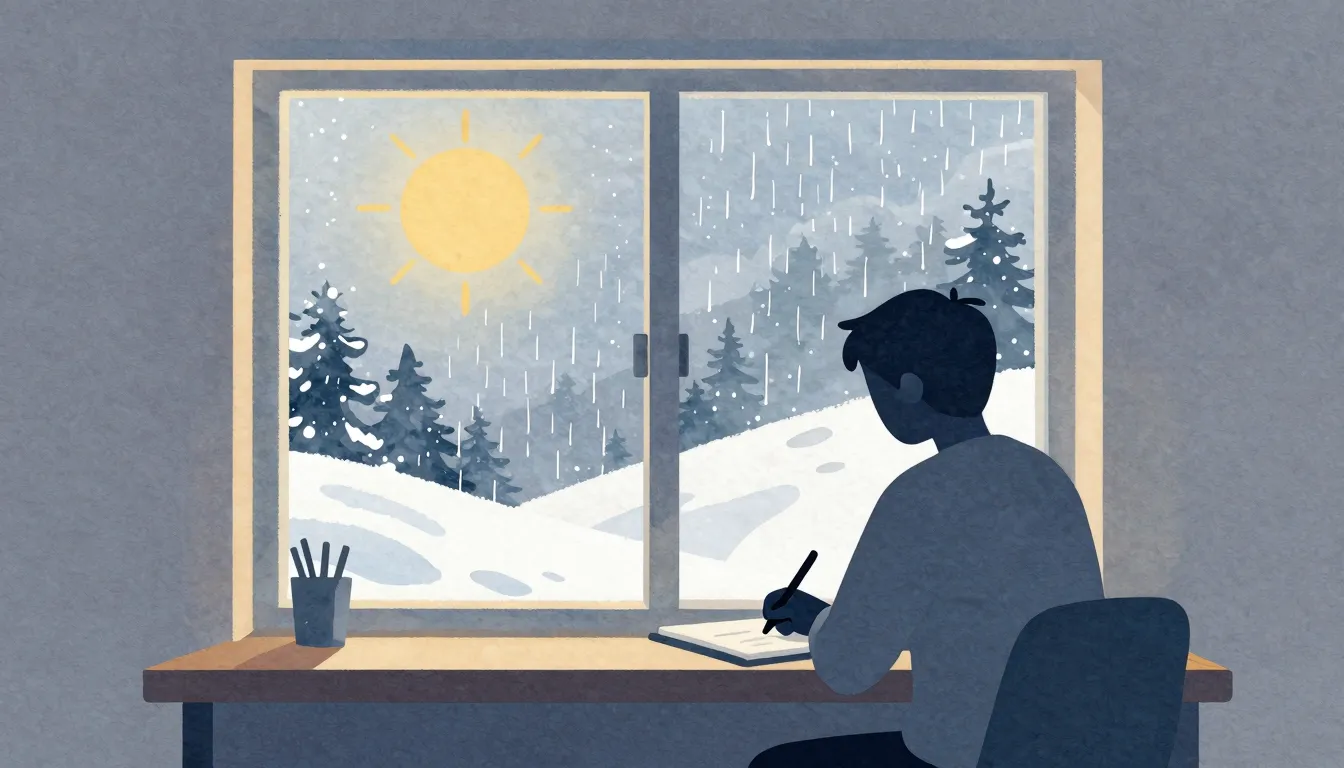 Watercolor style. A cozy window view with snow, wind, sun, a...