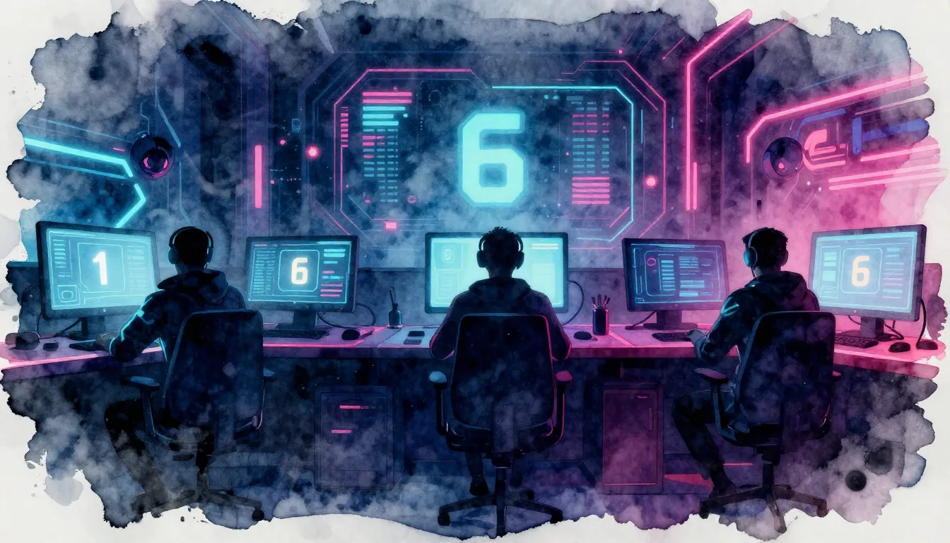 Watercolor style. Cyberpunk gaming scene, 5 glowing silhouet...