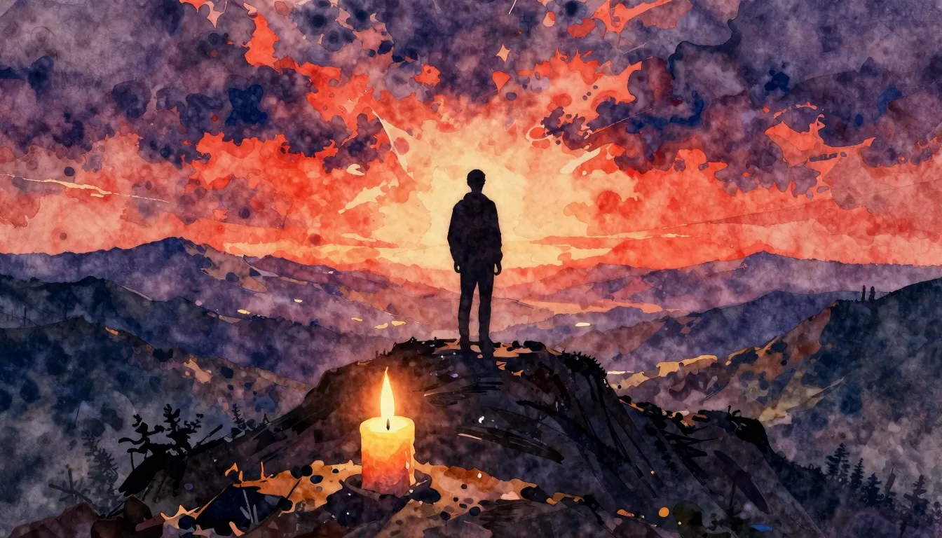 Vibrant watercolor style. A silhouette of a lone figure stan...