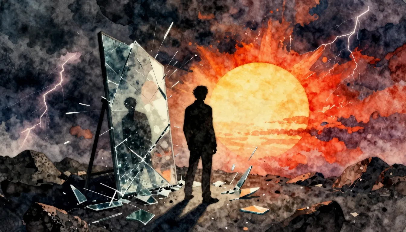 Vibrant watercolor style. Dark rock album cover, a silhouett...