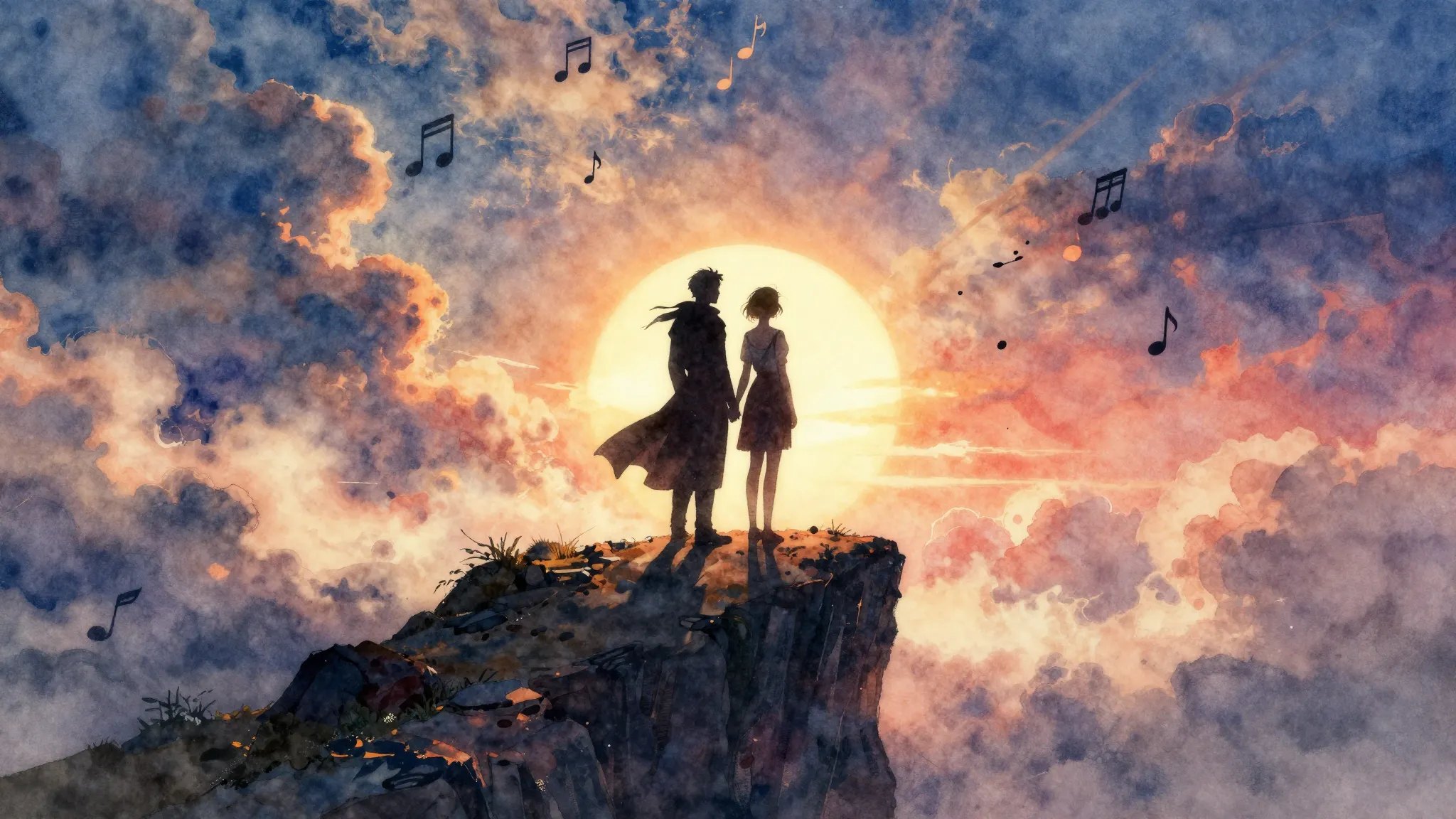 Vibrant watercolor style. Epic rock opera album cover, a dar...
