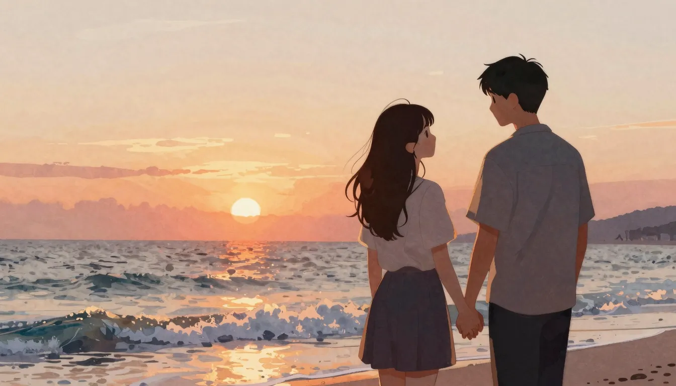 Watercolor style. A romantic silhouette of a couple holding ...