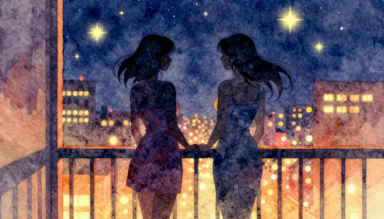 Watercolor style. Two female silhouettes standing on a balco...