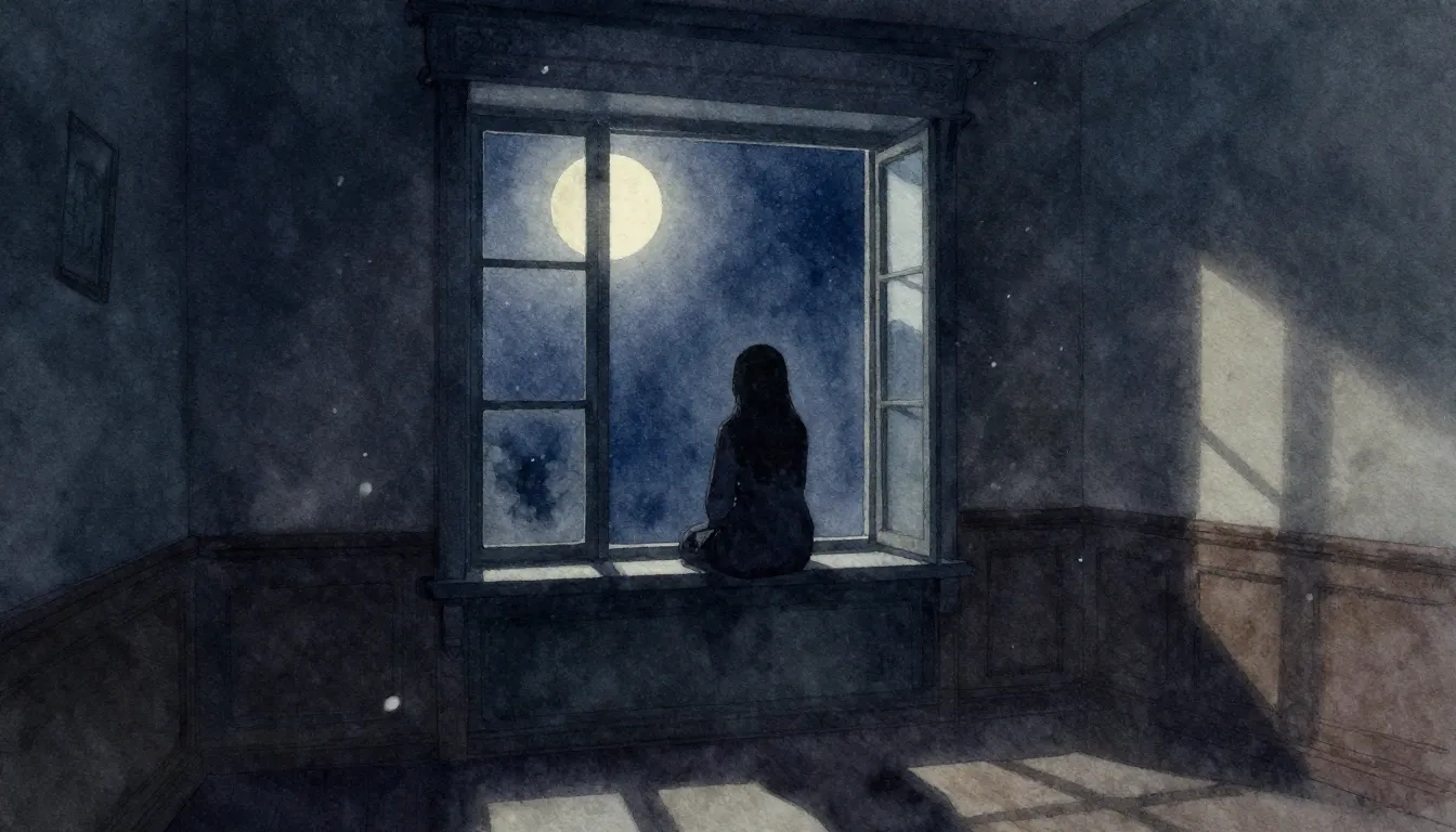Watercolor style. A lonely silhouette sitting by a large win...