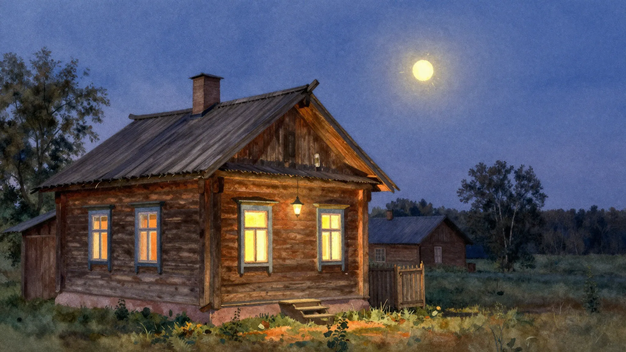 Vibrant watercolor style. A rustic 19th-century wooden house...