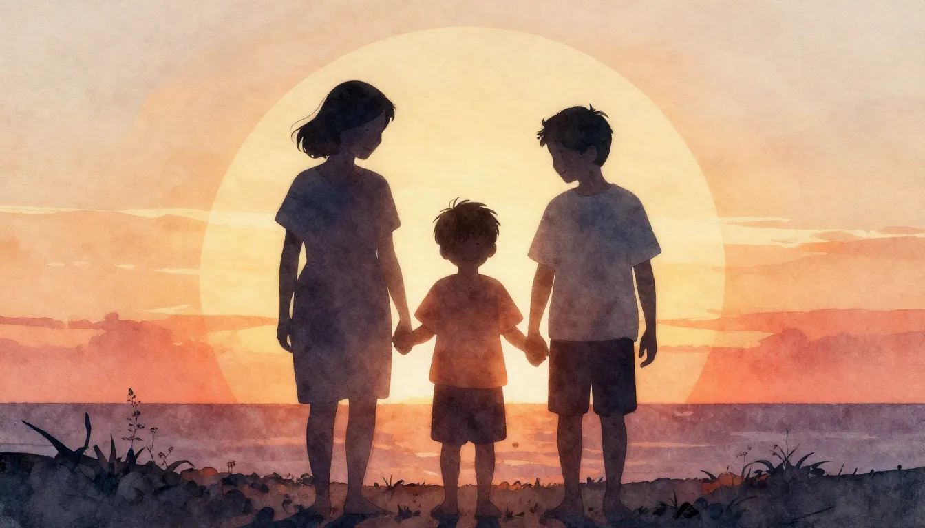 Watercolor style. Silhouette of a happy family of three stan...