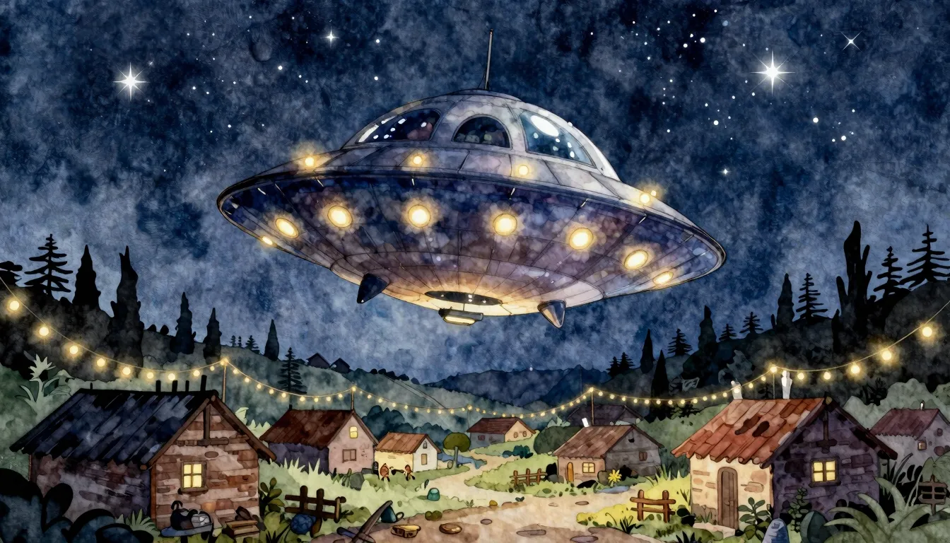 Watercolor style. A funny alien spaceship shaped like a gian...