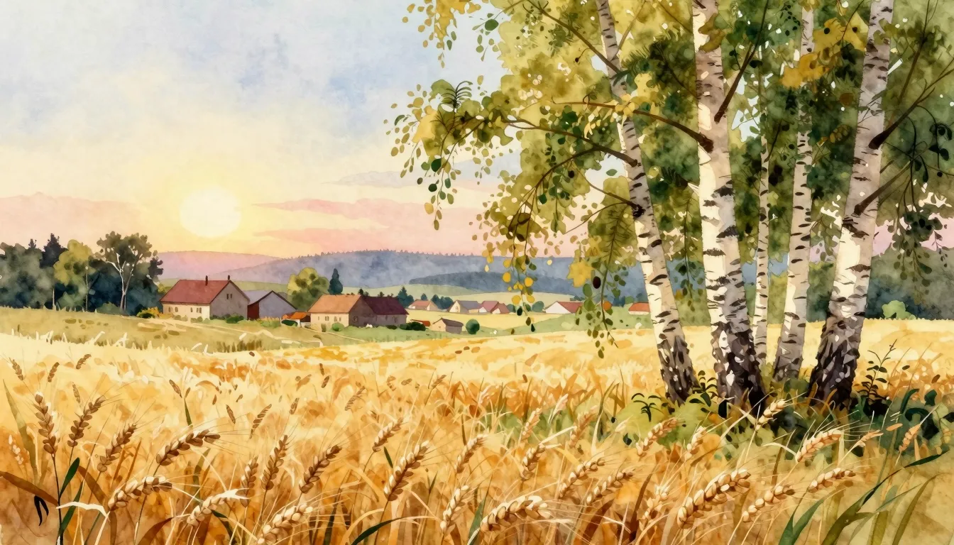 Vibrant watercolor style. A peaceful rustic landscape at sun...
