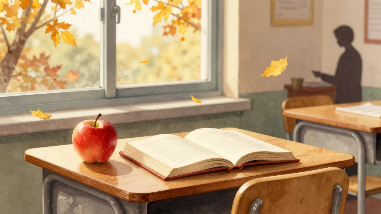 Watercolor style. A cozy autumn classroom with a desk, an op...