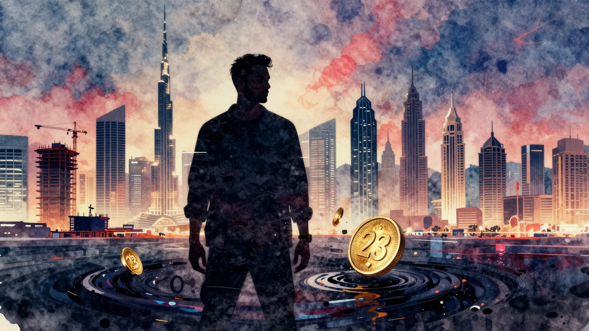 Vibrant watercolor style. Abstract rap cover art, a dark sil...