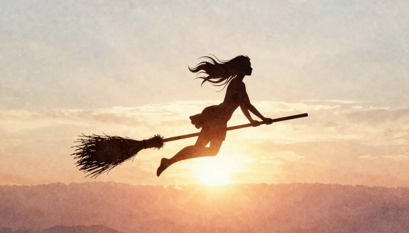 Watercolor style. Silhouette of a woman flying on a broomsti...