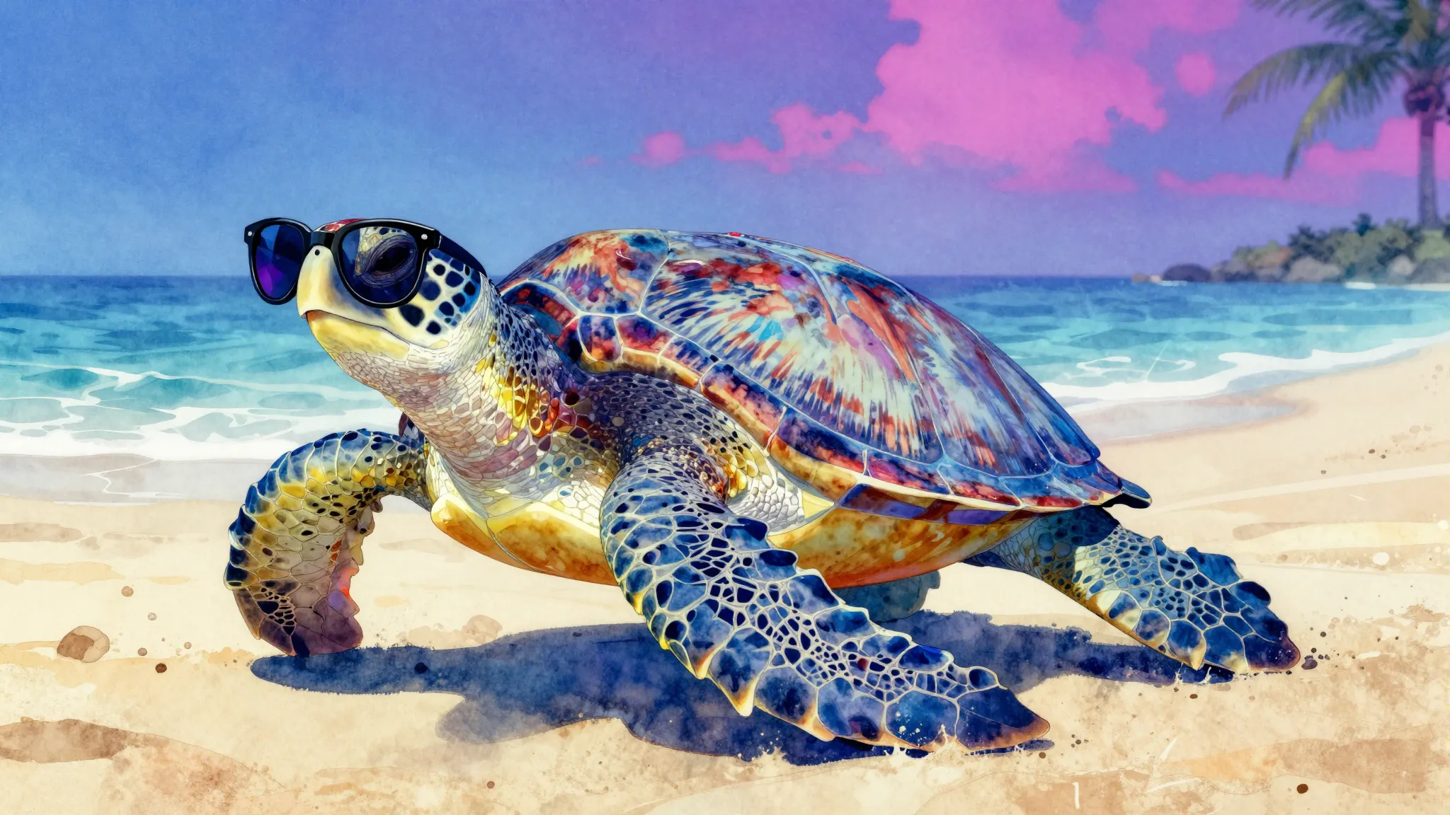 Vibrant watercolor style. A cool sea turtle wearing stylish ...