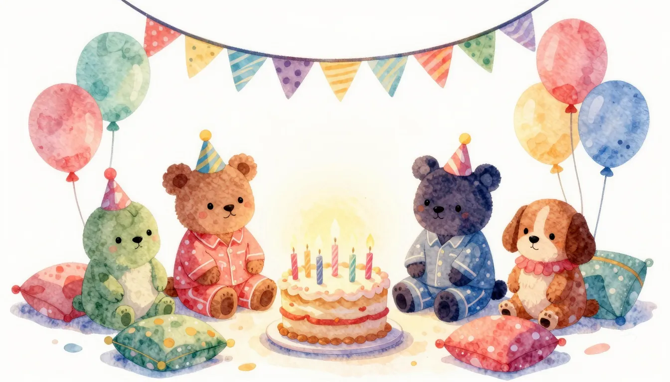 Vibrant watercolor style. A colorful and cozy pajama party s...