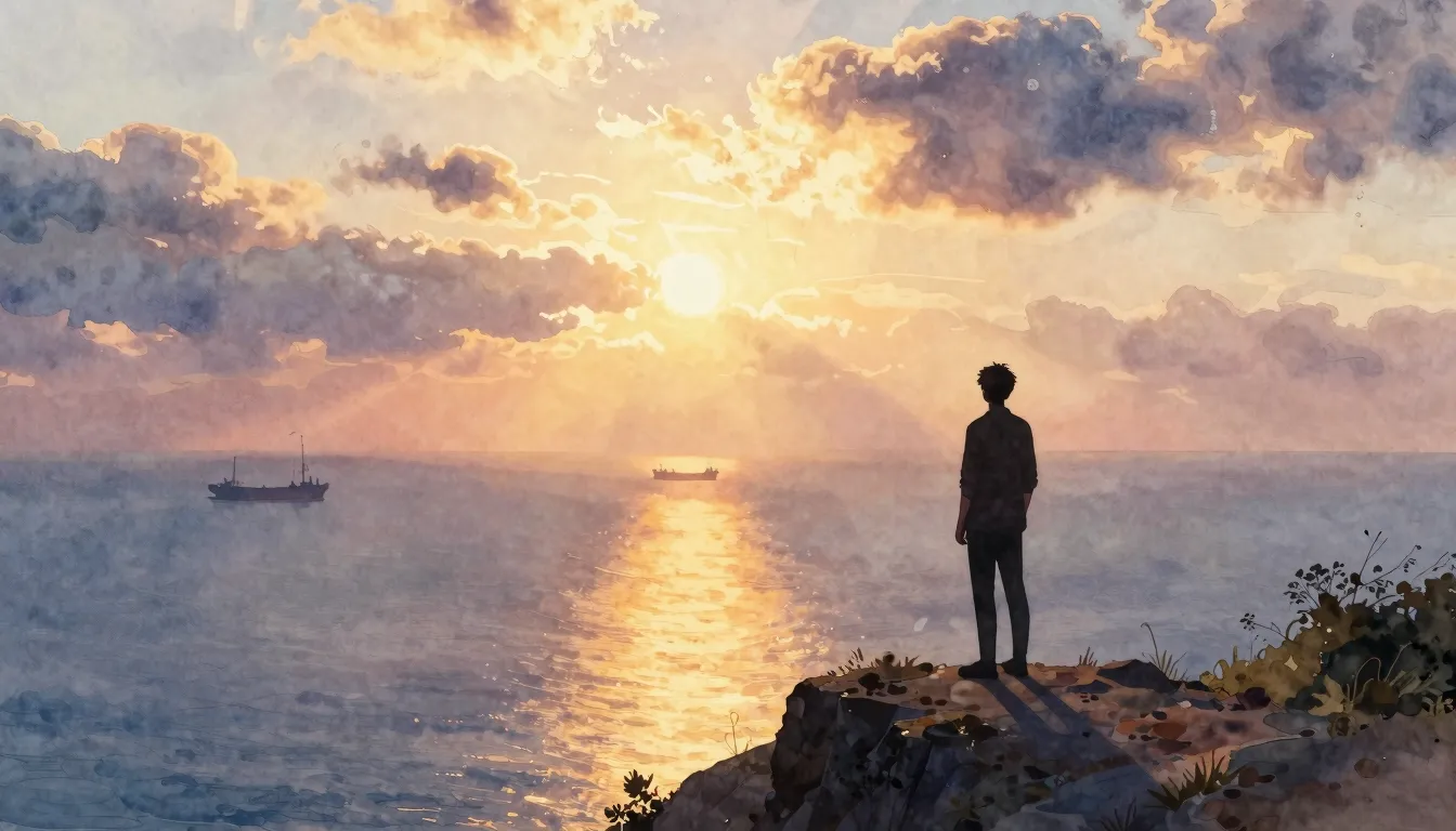 Vibrant watercolor style. A silhouette of a person standing ...