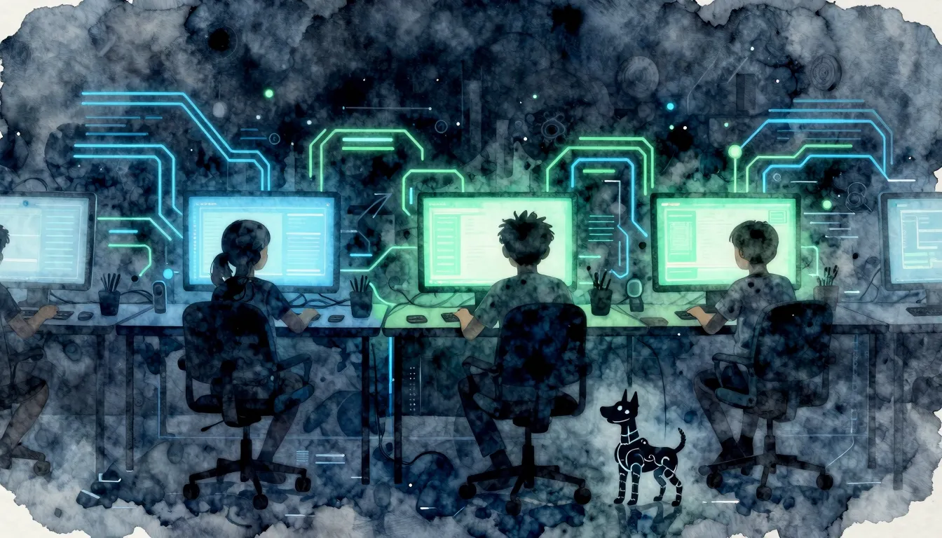 Watercolor style. Silhouettes of children sitting at glowing...