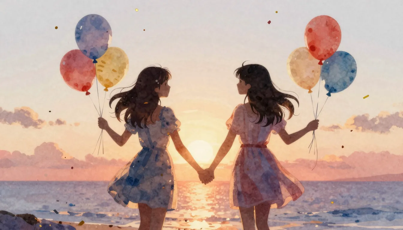 Watercolor style. Silhouette of two girls holding hands agai...