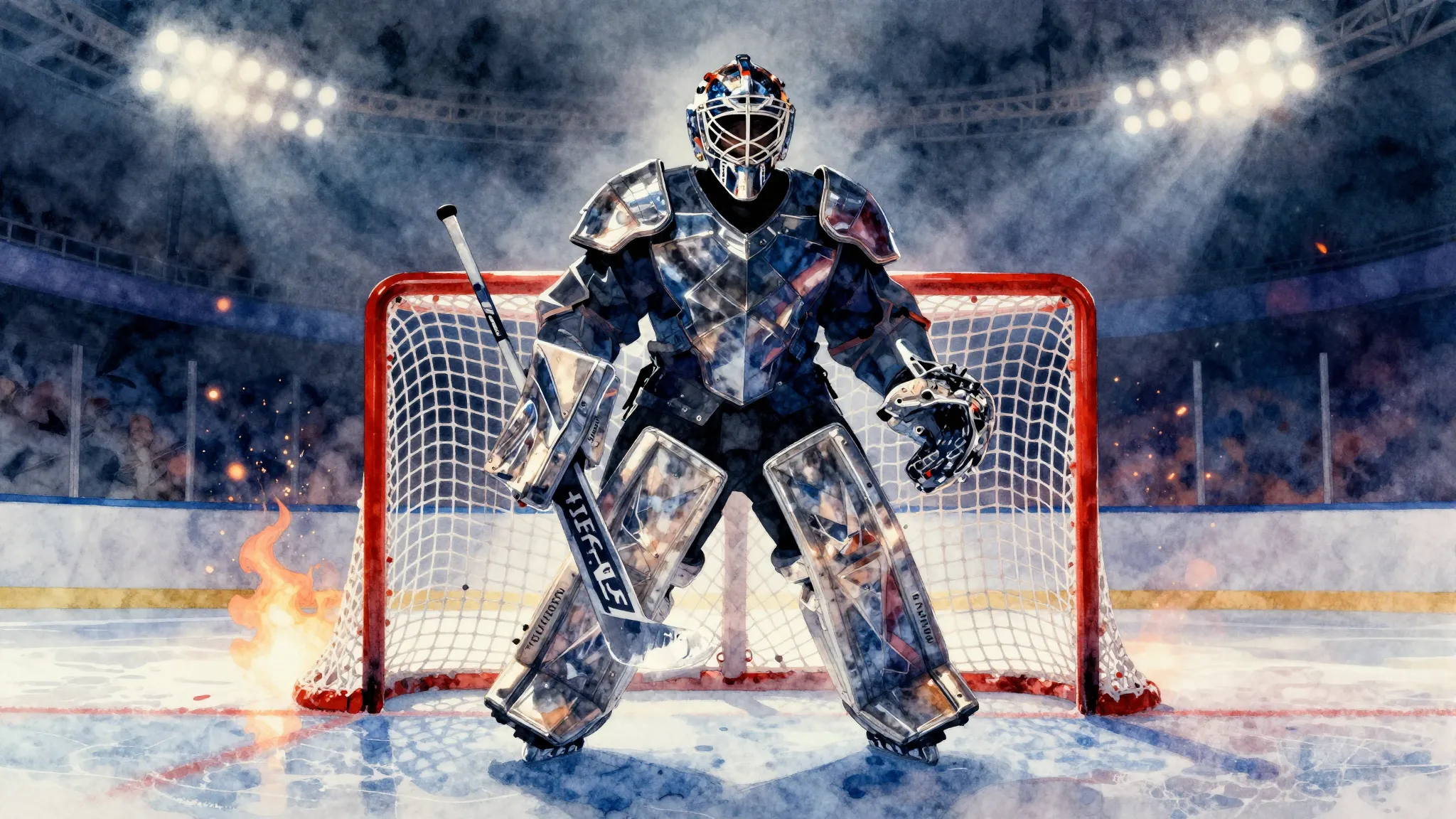 Vibrant watercolor style. Heavy metal album cover, a silhoue...