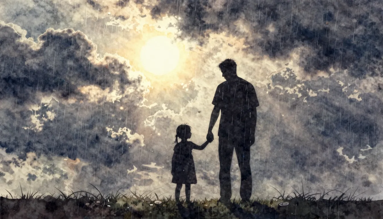 Watercolor style. Silhouette of an adult and a child holding...