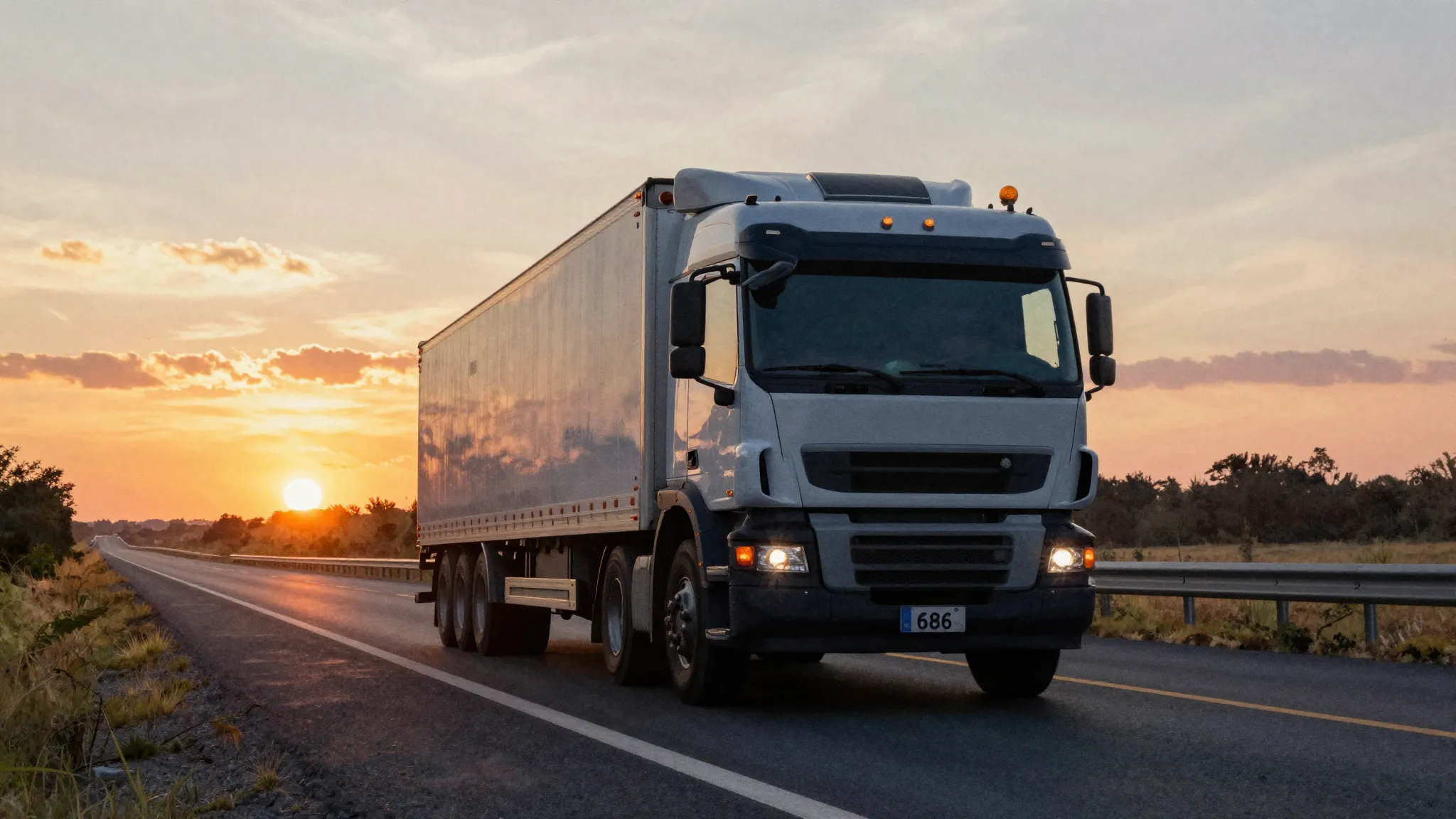Watercolor style. Silhouette of a large truck on a highway a...