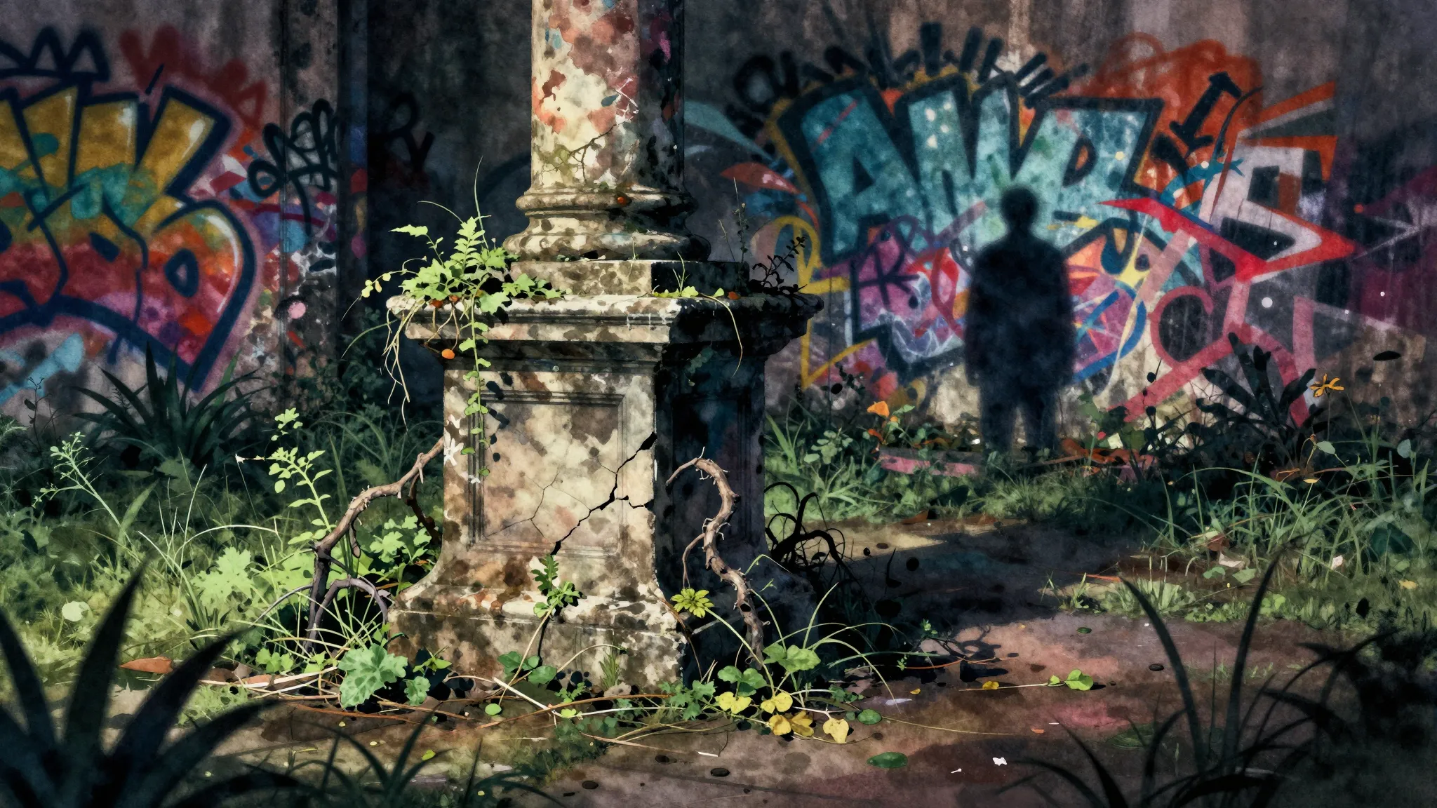 Vibrant watercolor style. Gritty urban aesthetic, a desolate...