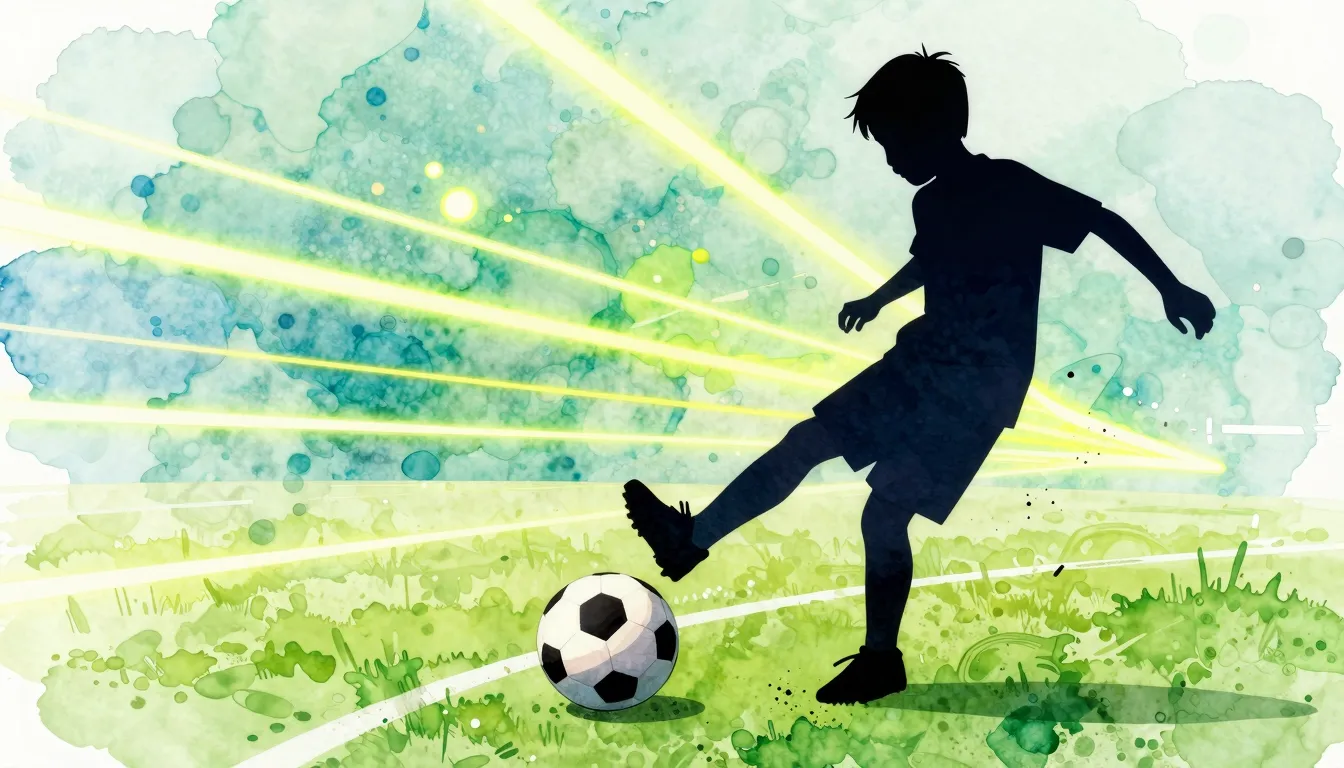 Watercolor style. A dynamic silhouette of a child kicking a ...