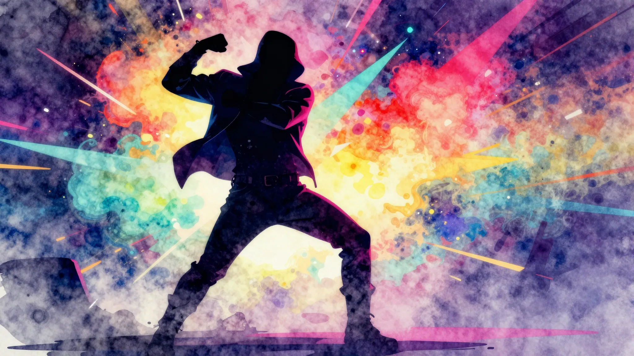 Vibrant watercolor style. Neon silhouette of a bandit in a d...