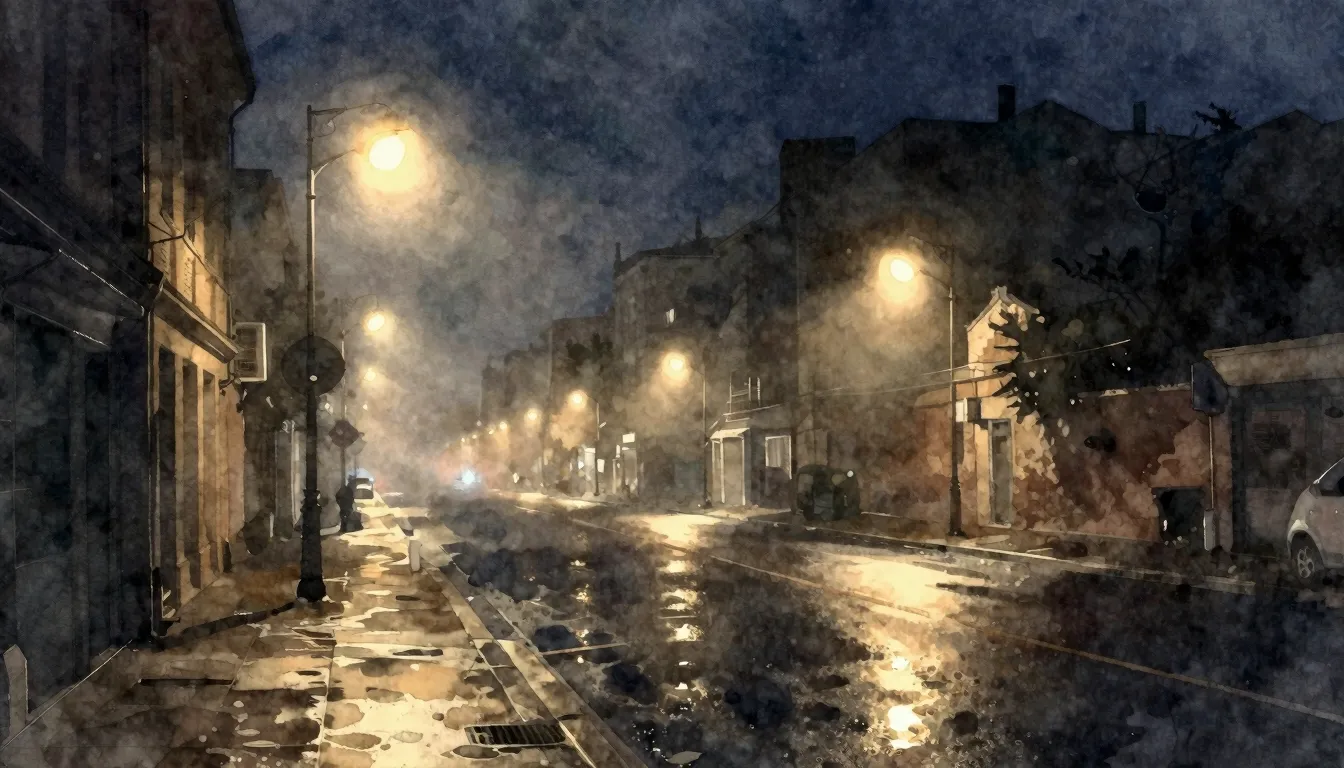 Watercolor style. A dark city street at night with glowing s...
