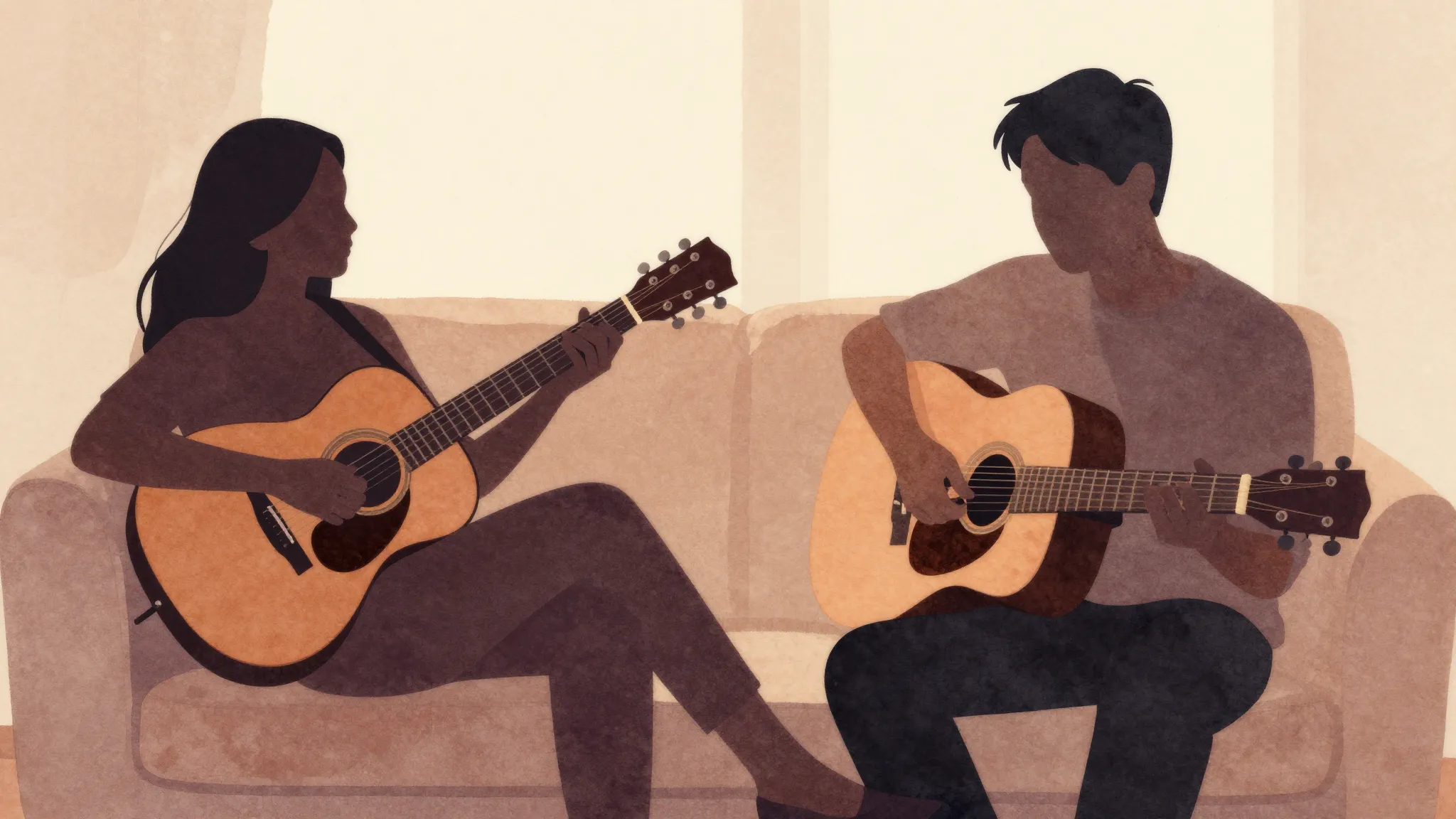 Watercolor style. A silhouette of a man playing acoustic gui...