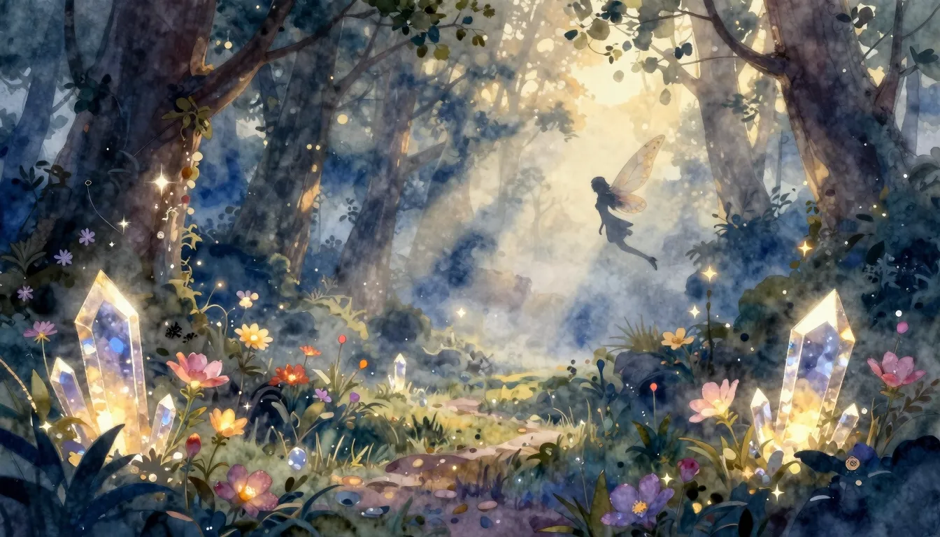 Watercolor style. Enchanted forest at dawn, pearlescent mist...