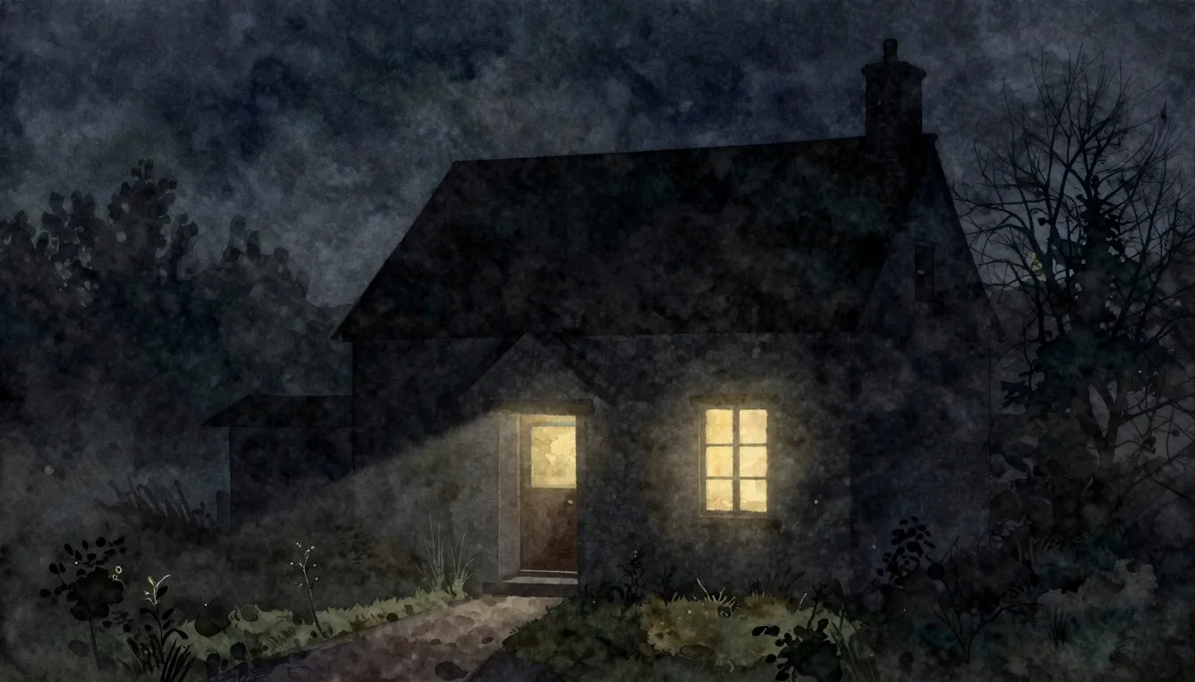 Watercolor style. A silhouette of a house with a lit window ...