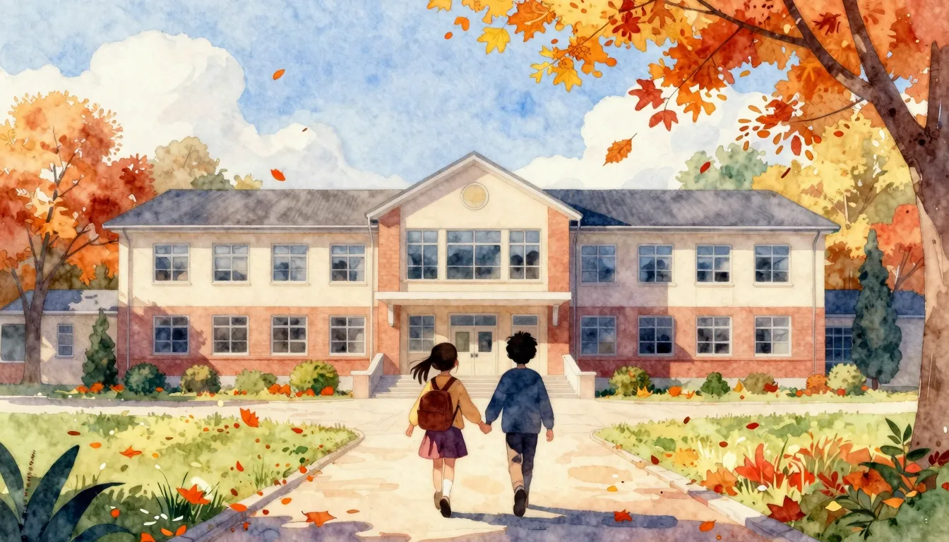 Watercolor style. A bright autumn day, two silhouettes of ch...