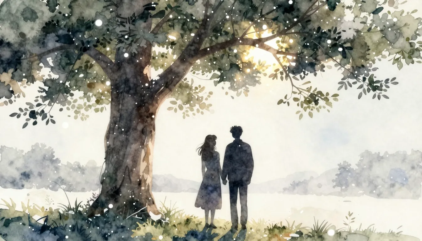 Watercolor style. Silhouette of a couple standing under a la...