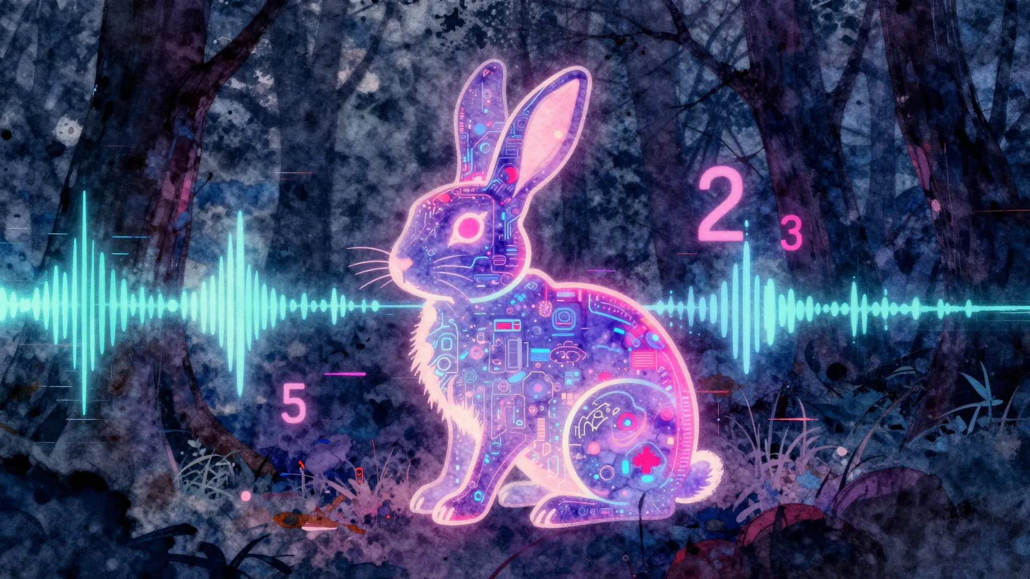 Vibrant watercolor style. Cyberpunk neon hare silhouette in ...