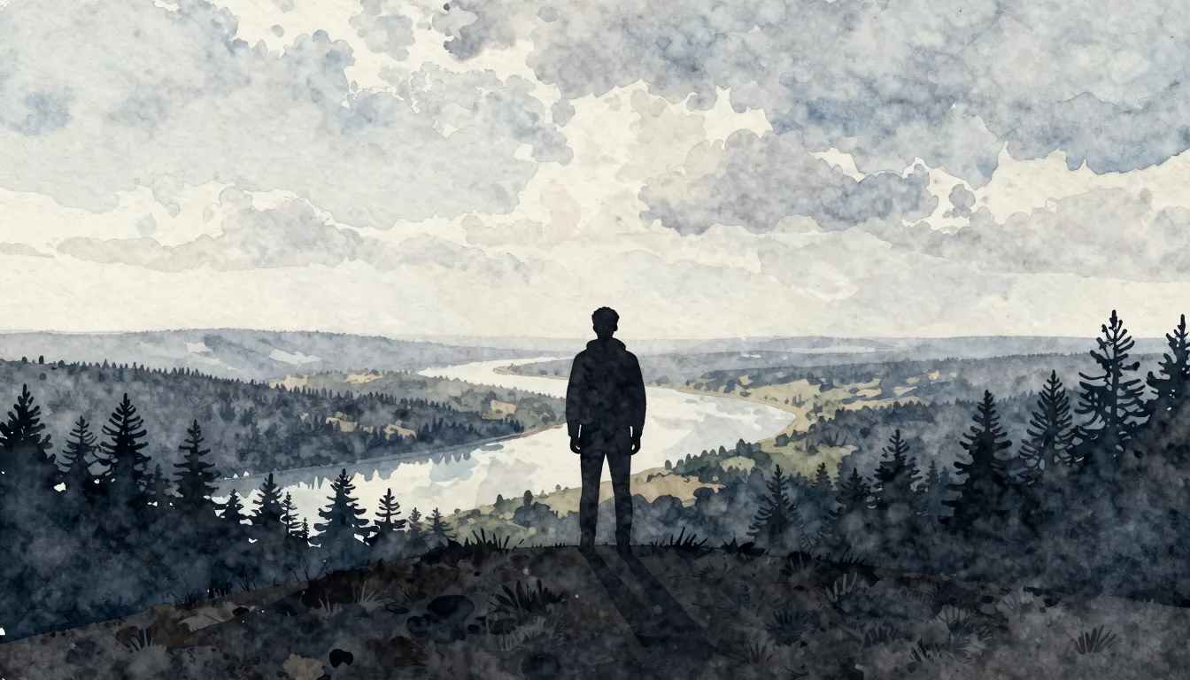 Watercolor style. A lonely silhouette of a wanderer standing...