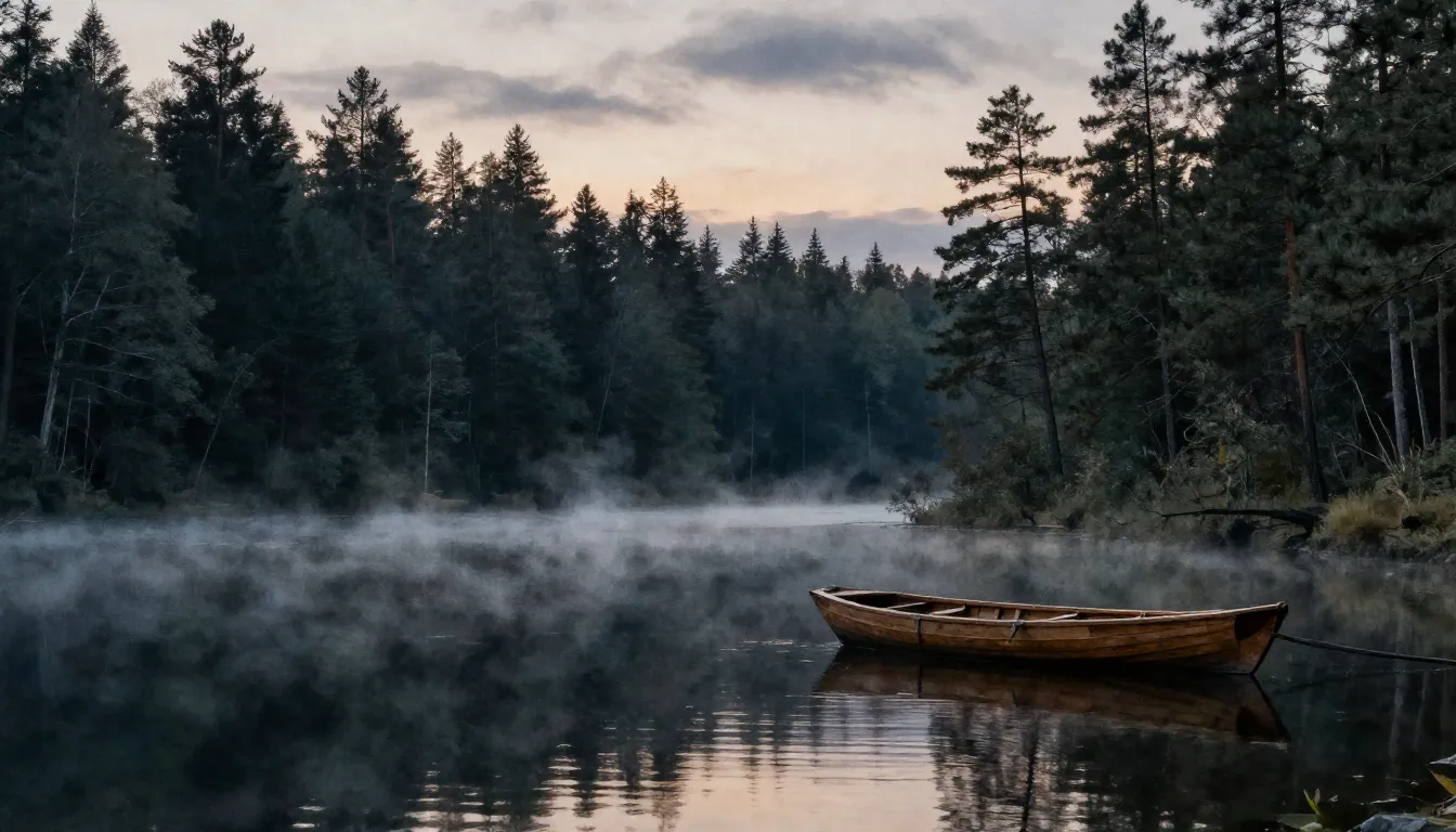 Watercolor style. A serene lake surrounded by dark pine fore...