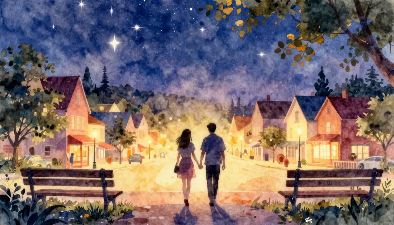 Vibrant watercolor style. A romantic summer evening in a sma...