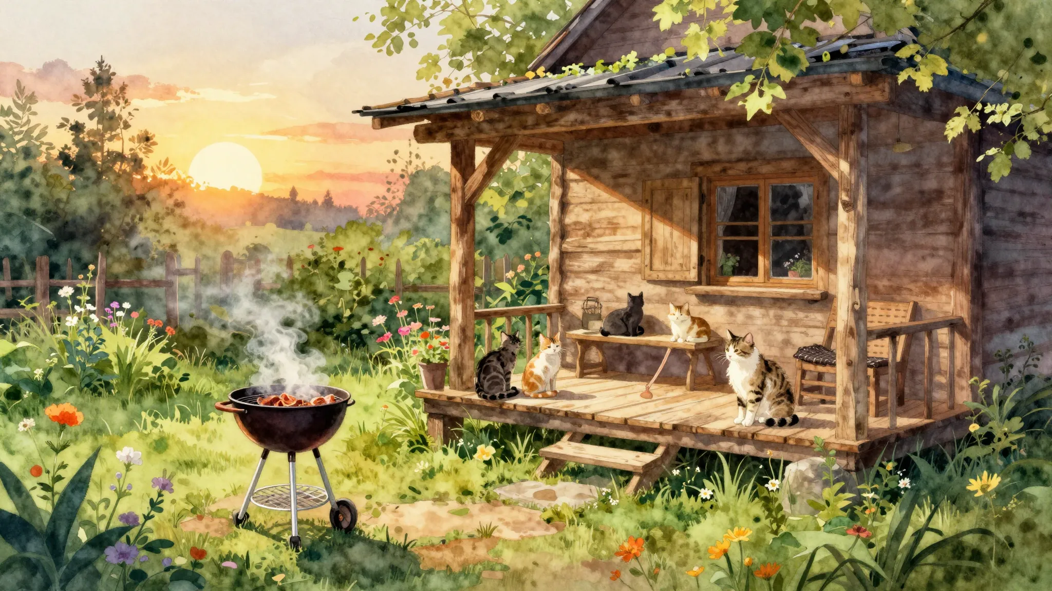 Vibrant watercolor style. A cozy rustic dacha garden at suns...